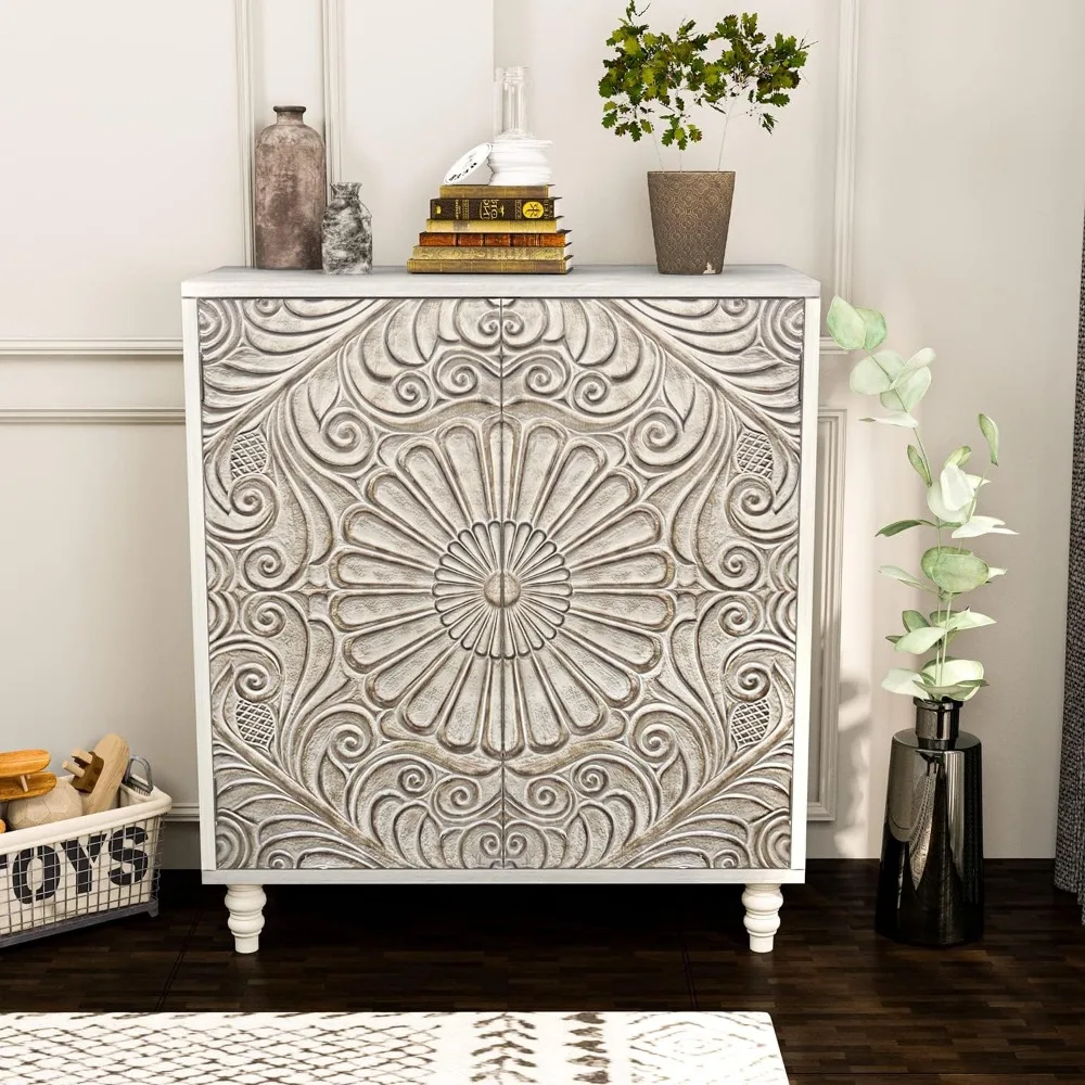 

32 Vintage Buffet Sidebroad Cabinet with Doors & Shelves, Farmhouse White Storage Cabinet, Accent Console Table Coffee ba