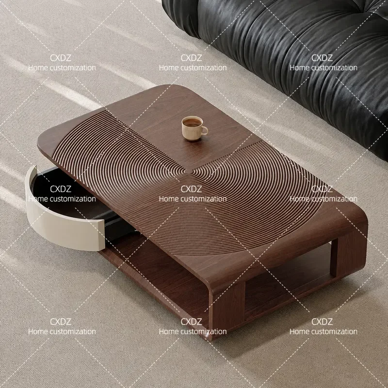 Simple Modern Rotatable Coffee Table with Drawer Storage Natural Walnut Leather High End Tea Table for Living Room