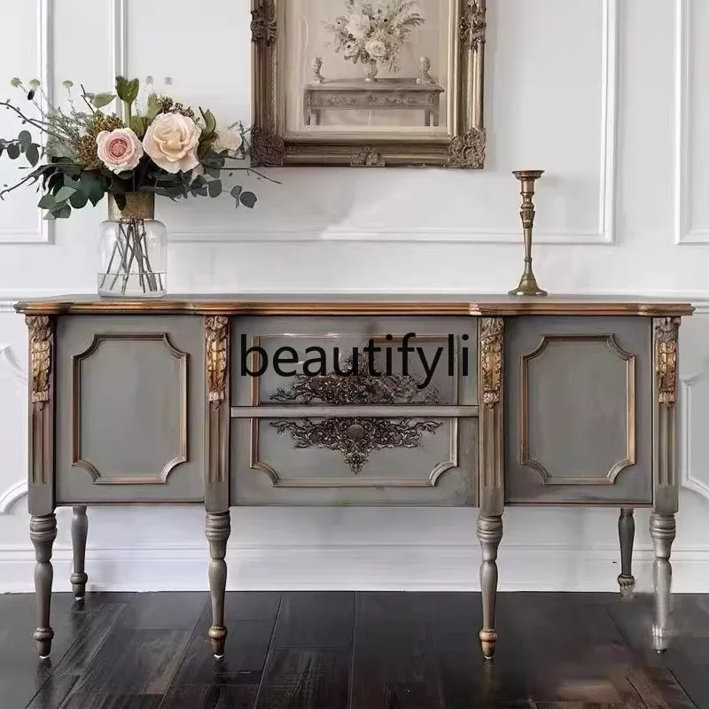 

French retro carved living room shoe cabinet integrated solid wood partition entrance cabinet storage decorative cabinet6239