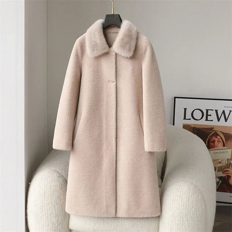 Women Winter Long Wool Fur Coat Jacket Female MInk Fur Collar Coats Lady Over Size Parka Trench CT250