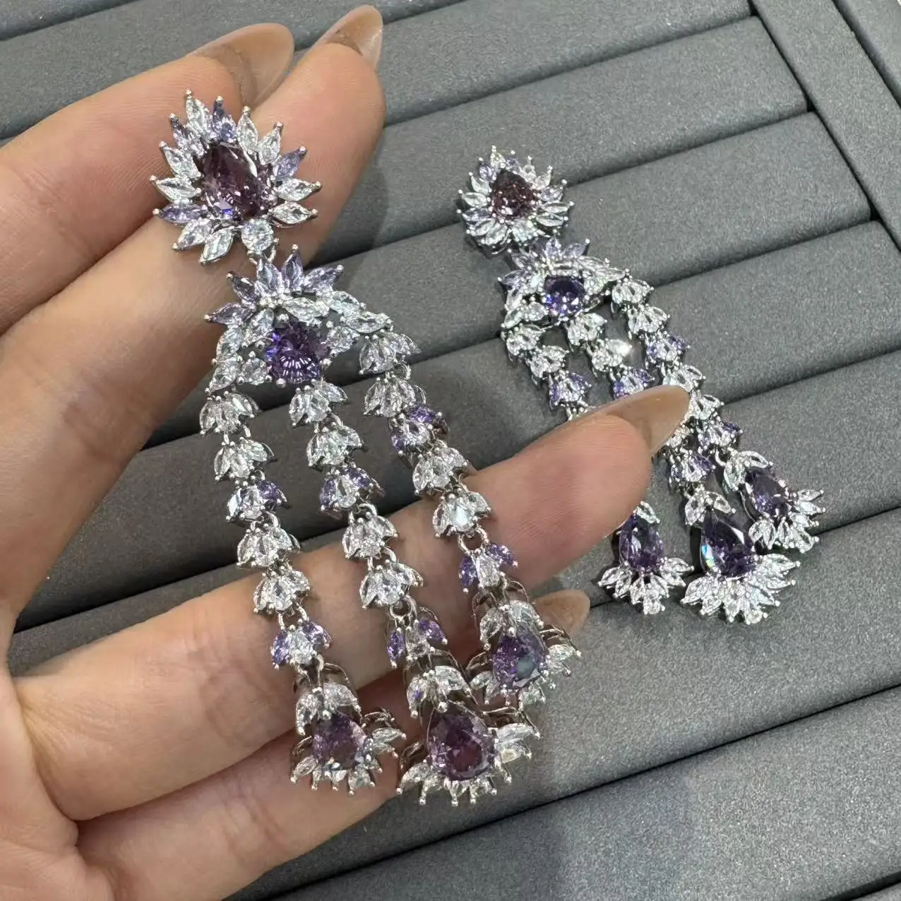 luxury jewelry women earrings zirconia fushia white purple leaf plant dangling earrings evening party shiny jewelry