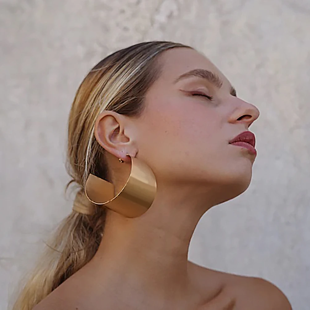 Wide Big Hoop Earrings Gold Color Alloy Drop Earring For Women Geometric Trendy Party Personality Statement  Jewelry Accessories