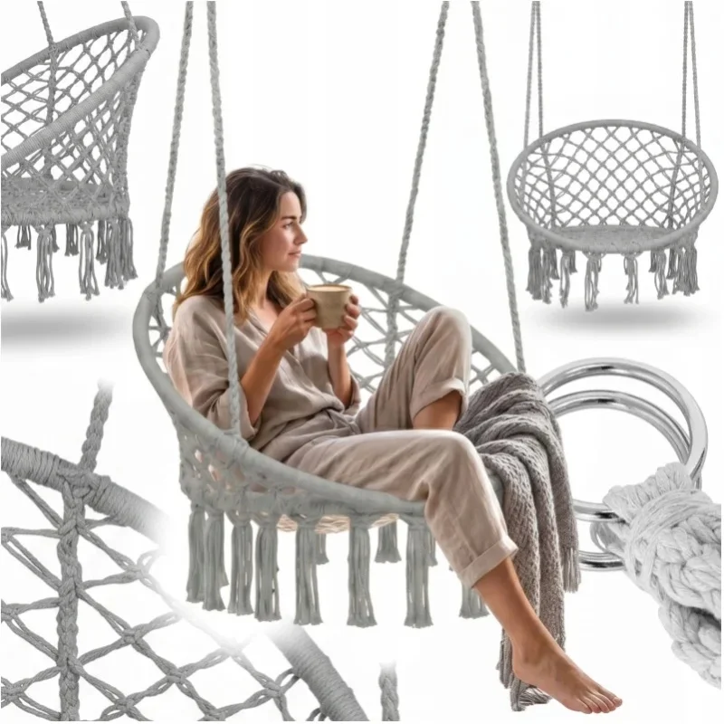 Boho Hängesessel mit Seilgeflecht für Garten, Terrasse, Balkon, Innen- und Außenbereich – Entspannender Boho-Stil Hängesessel für Erwachsene und Kinder mit rundem Nest-Design, robustem Rahmen,