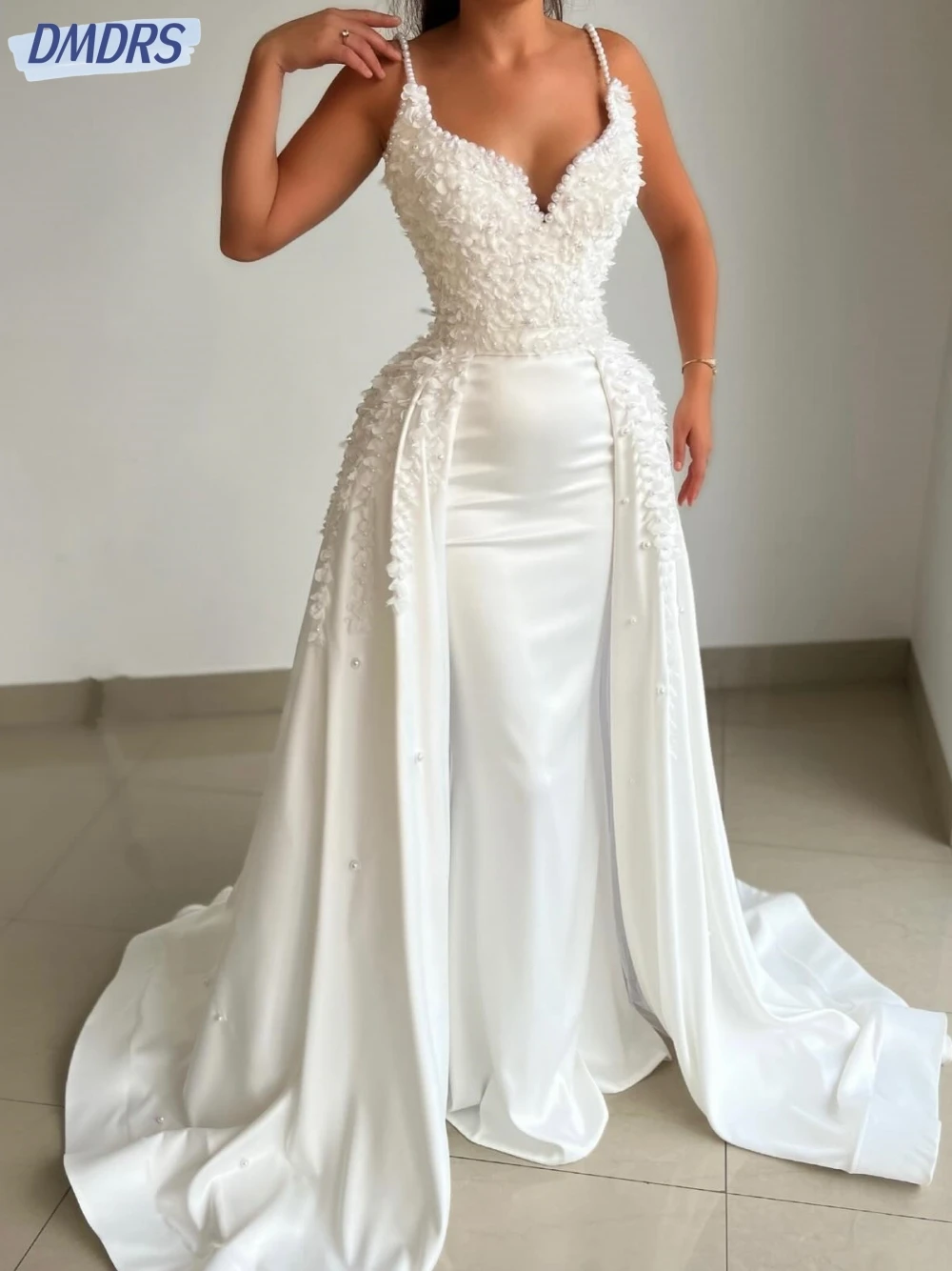 Impresionantes vestidos De Novia blancos con tirantes finos, Vestido con apliques De perlas para novia, Vestido De Novia largo hasta el suelo, Vestido De Novia