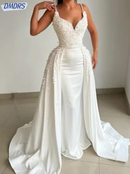 Splendidi abiti da sposa bianchi con spalline sottili Abito con applicazioni di perle per la sposa Abito da sposa personalizzato Vestido De Novia