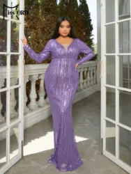 Missord Elegant Purple Sequin Plus Size Dress Women V Neck Long Sleeve Bodycon Maxi Party Prom Dresses Formal Evening Gown