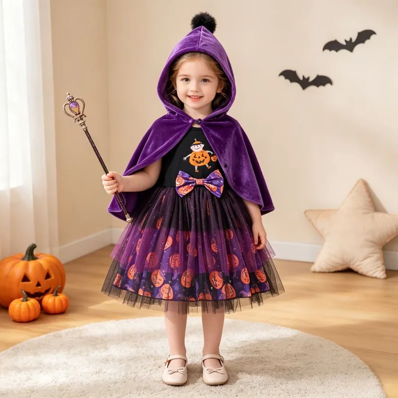 Newborn Toddler Baby Girls Halloween Witch Costume Purple Velvet Hooded Cape Pumpkin Print Tutu Dress Bow Outfit Set 0 36M