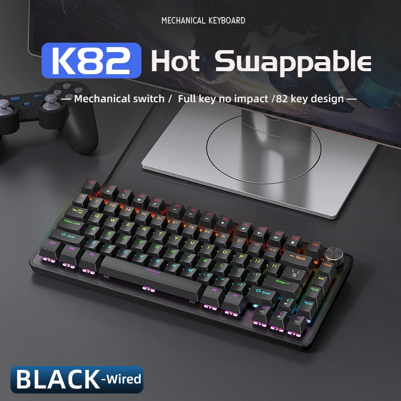 75% Mechanical Keyboard Wired with Media Knob APAYADO Black Gaming Keyboard Hot-Swap ABS Cap Transparent Character Backlighting