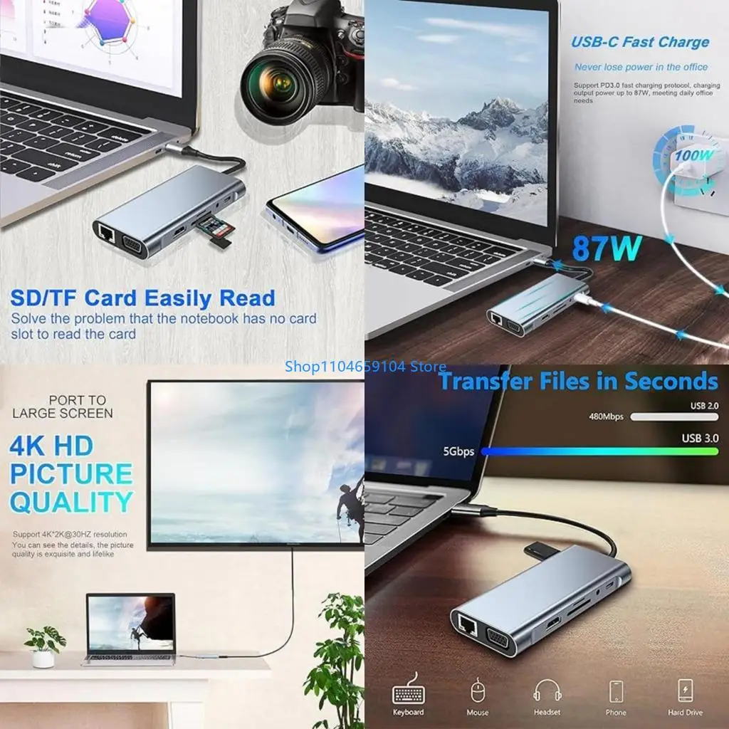 

USB C to HDTV Адаптер 11 Док Расширения порта с RJ45 Ethernet 3,5 мм USB3.0 USB2.0 Читатель карт передачи данных 87W