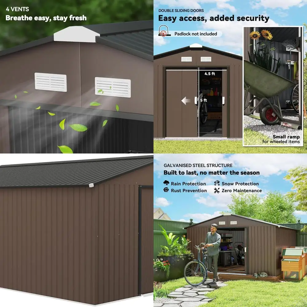 

Коричневый наружный металлический навес размером 11x13 футов с комплектом фундамента, двойными дверями, вентиляционными отверстиями и наклонной крышей для садовых инструментов