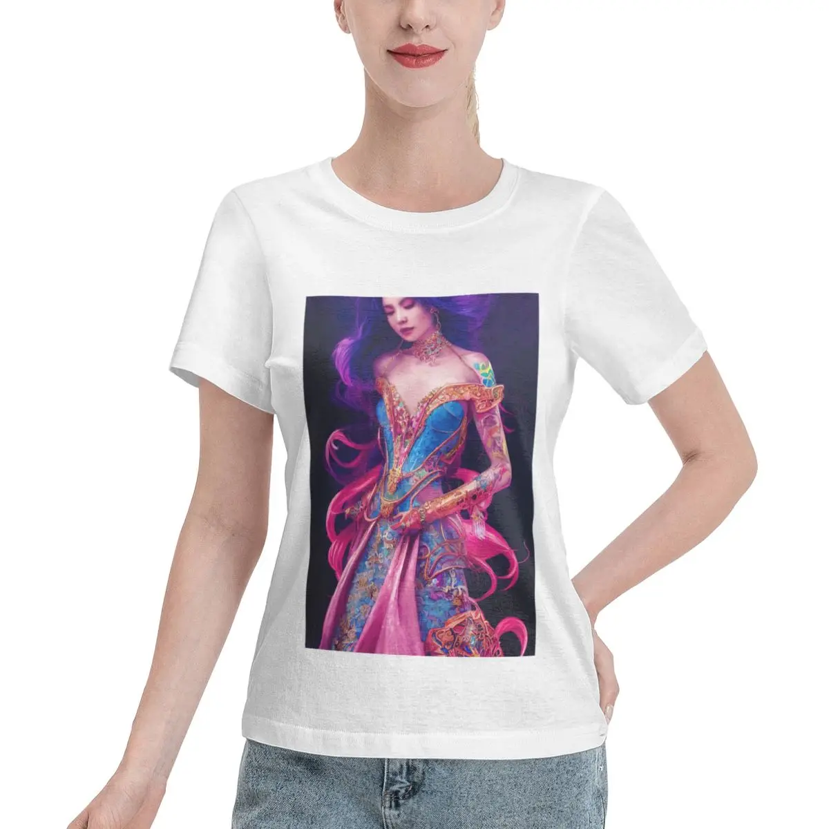 Ootd Favorite Painting Of A Girl With Long Purple Hair Wearing An Opal Dress Women's T-shirt Outdoor Activity Classic Solid Tee