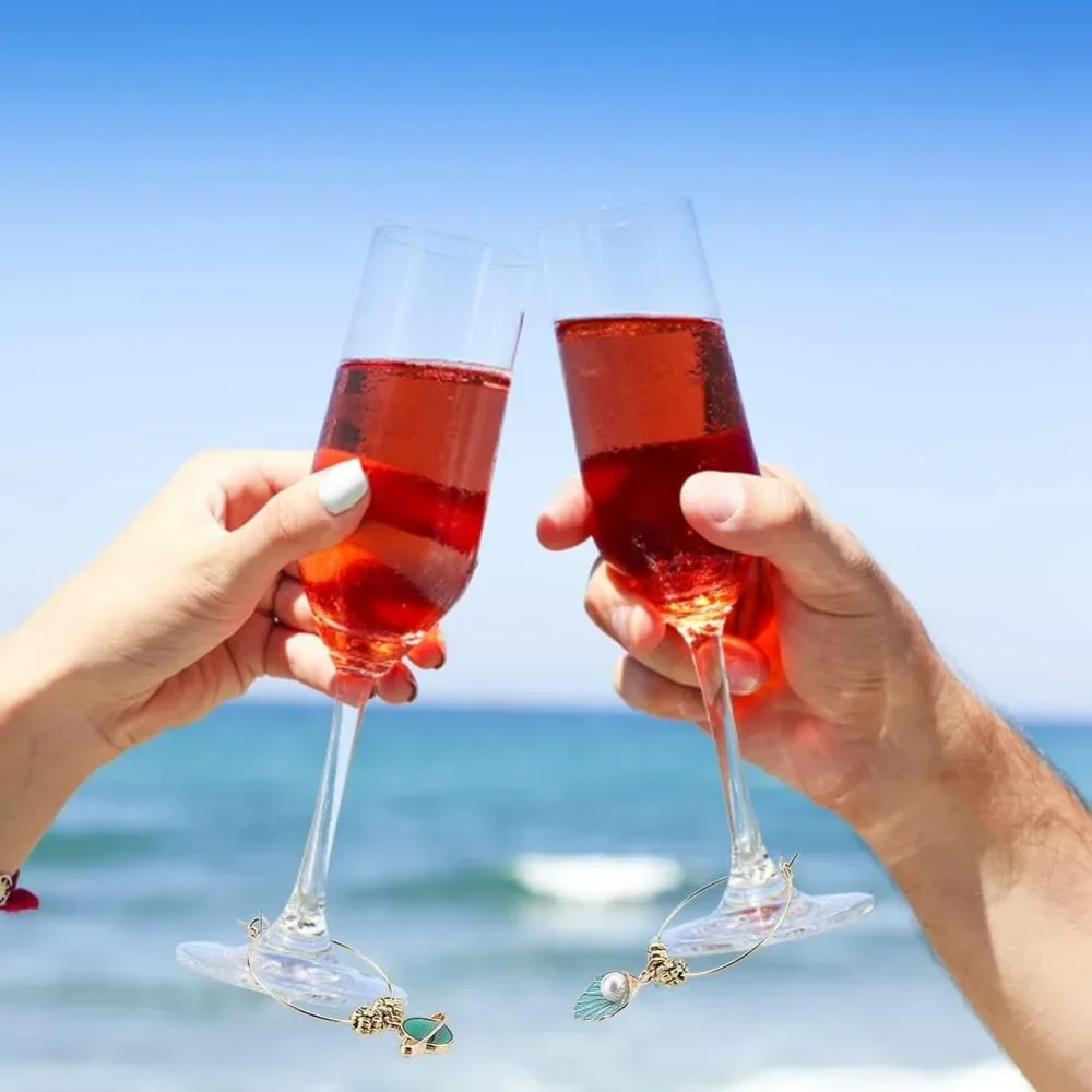 24 Style Summer Theme Wine Glass Charms Flower Fruit Goblet Drink Markers Tags with Hoop Rings and Beads for Cocktail