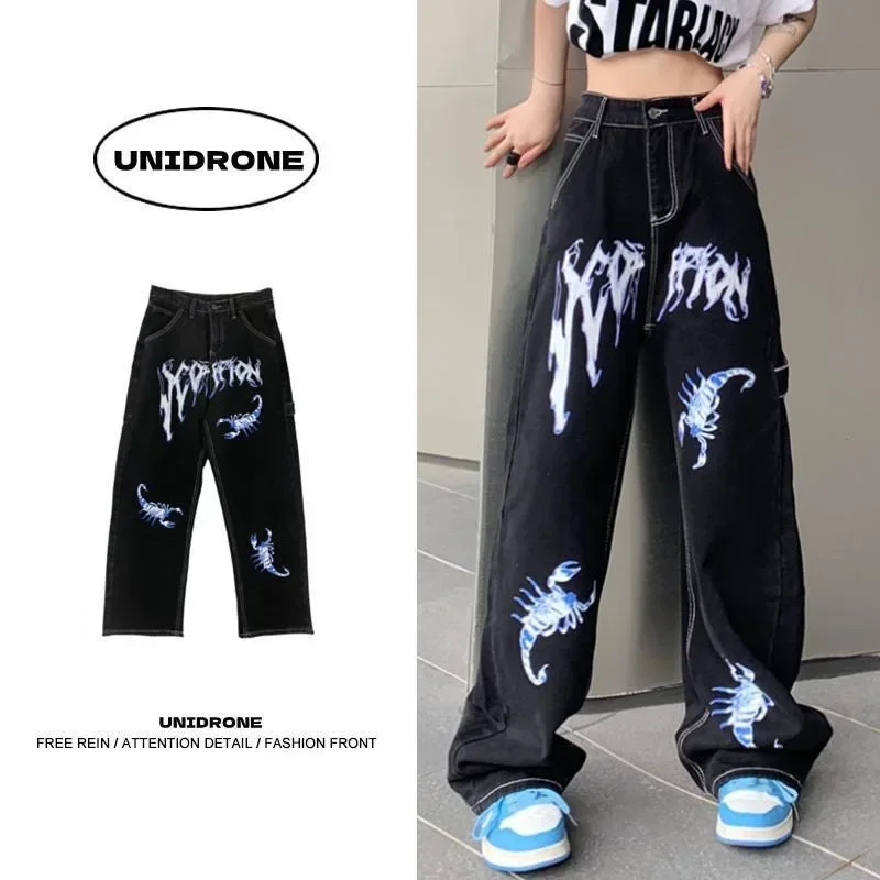 Men's Women's Style Shop American Retro Printed Jeans Straight Tube Loose Spring Autumn Dropped Long Pants Trendy Halloween