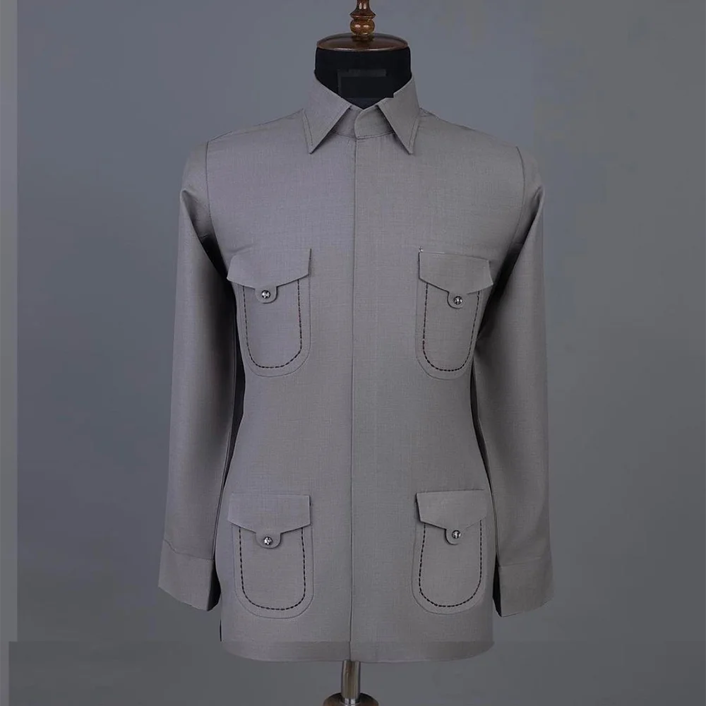 

Chic Gray Men's Suits Jacket Multi Pocket Stand Collar Male Blazer Regular Length Slim Fit High Quality Formal One Piece