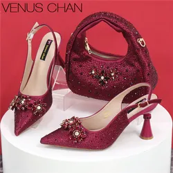 Newest Italian Pumps and Bag To Party INS Style Pointed-Toe Rhinestone Elegant High Heels Champagne Wedge for Women