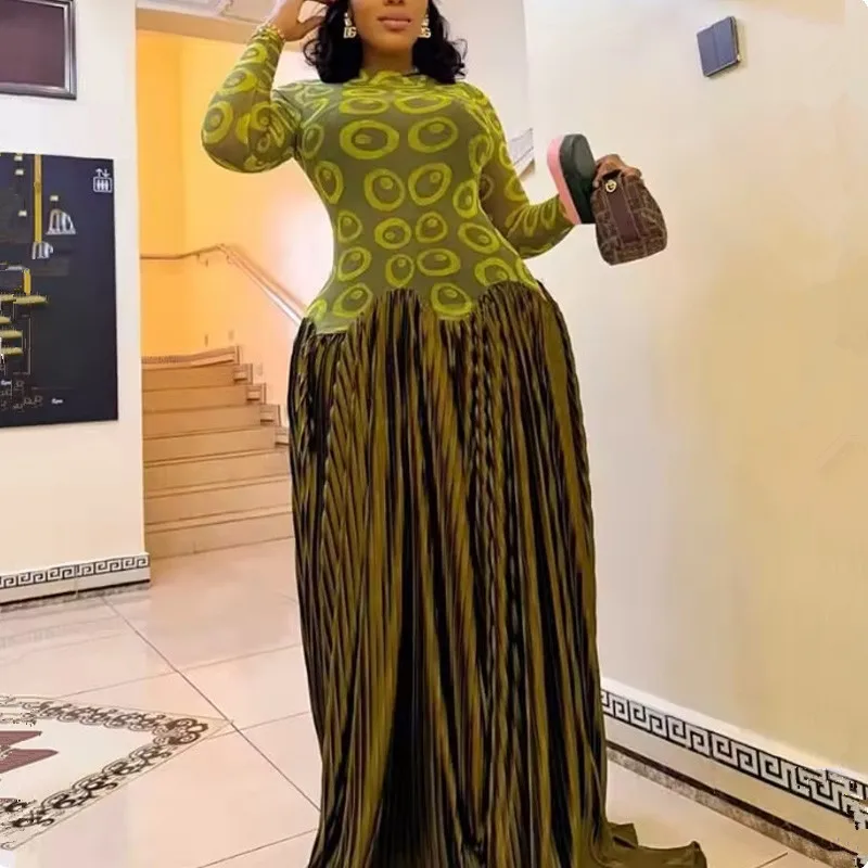 Neues afrikanisches Modekleid für Damen, bedruckt, mit langen Ärmeln, figurbetont, plissiert, Patchwork, langes Maxikleid