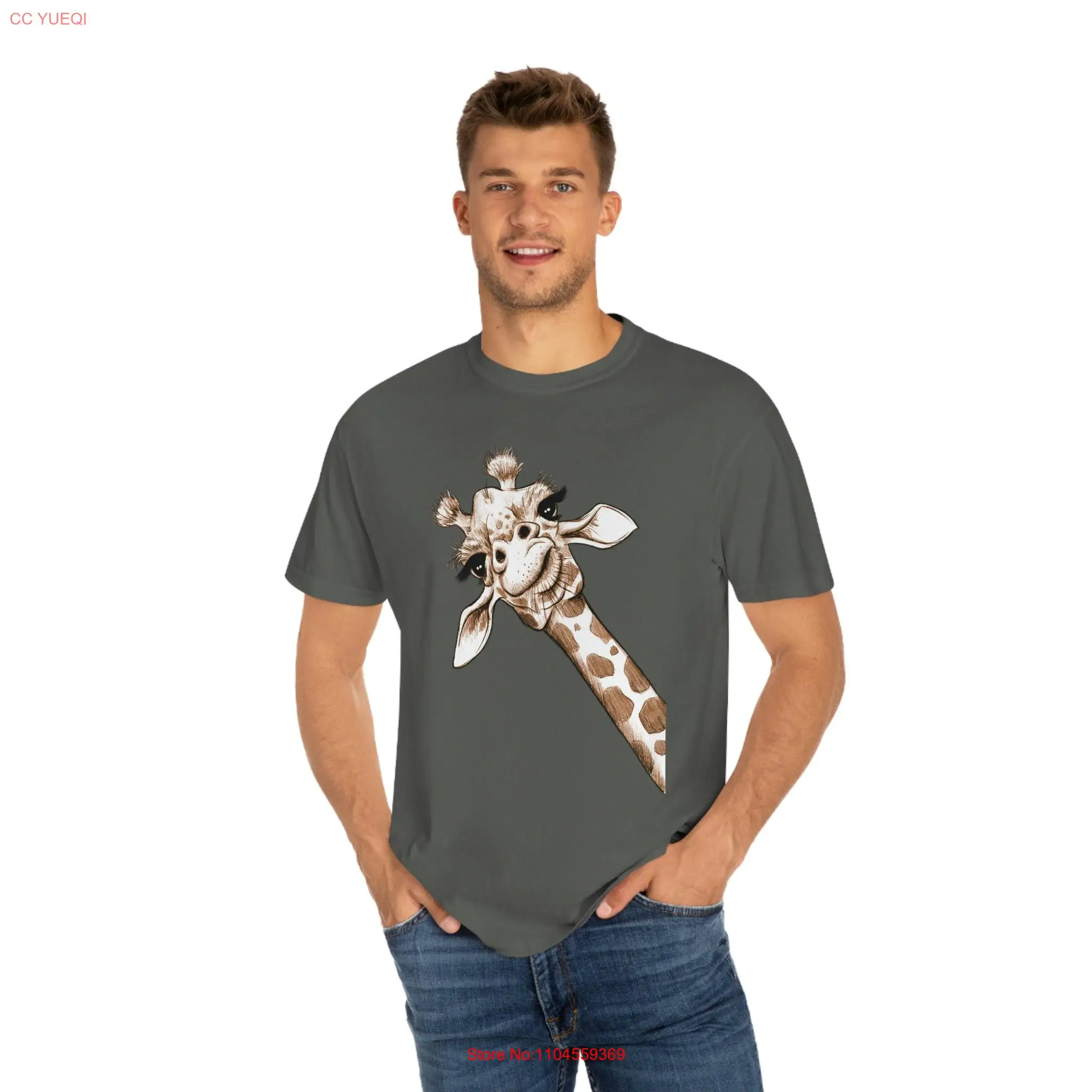 Humorous Sketchy Giraffe Garment Dyed T shirt long or short sleeves