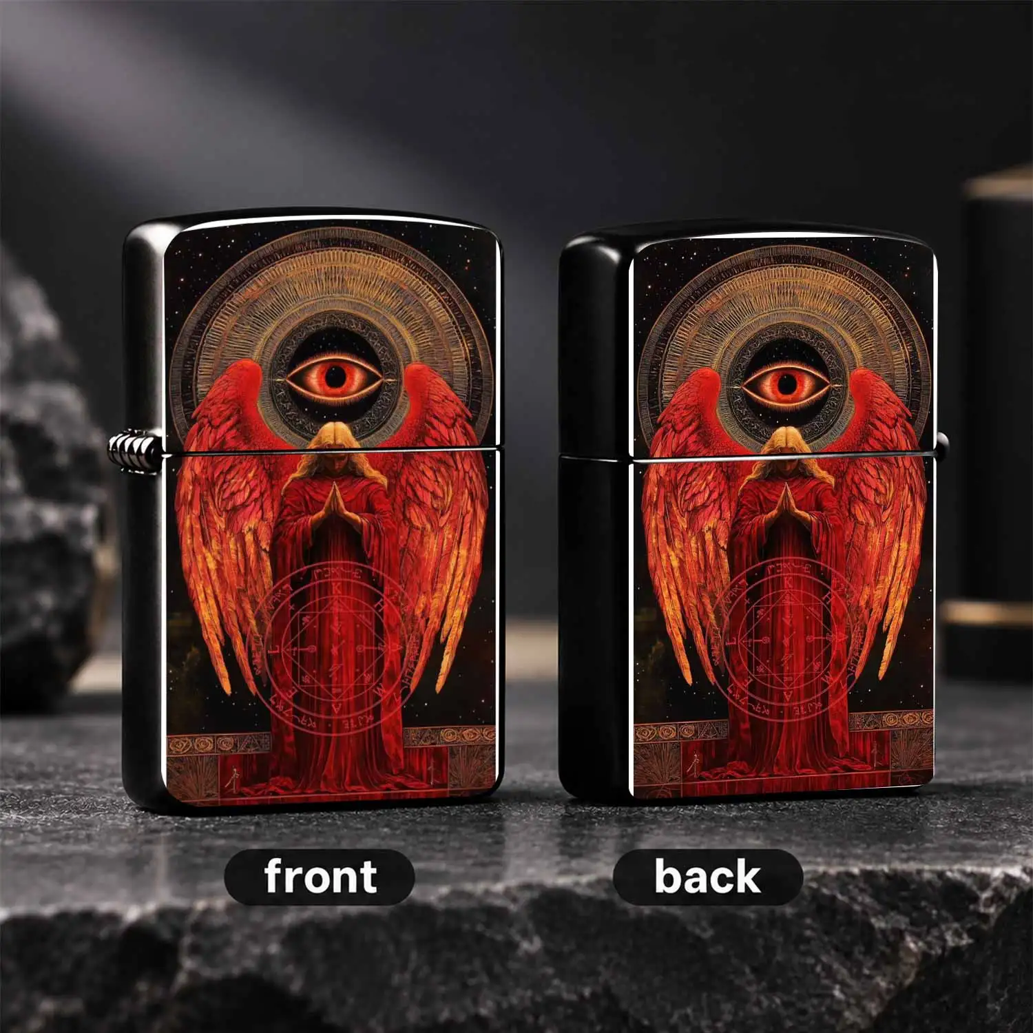 Vintage Mystical Seraph All-Seeing-Eye Themed, Red Winged Angel Praying Rune Starry Night Art Style, Trendy Windproof For Men, Collectible Creative Unique Gift, Ritualistic Atmospheric Portable Desktop Decor A Fun And Humorous Lighter
