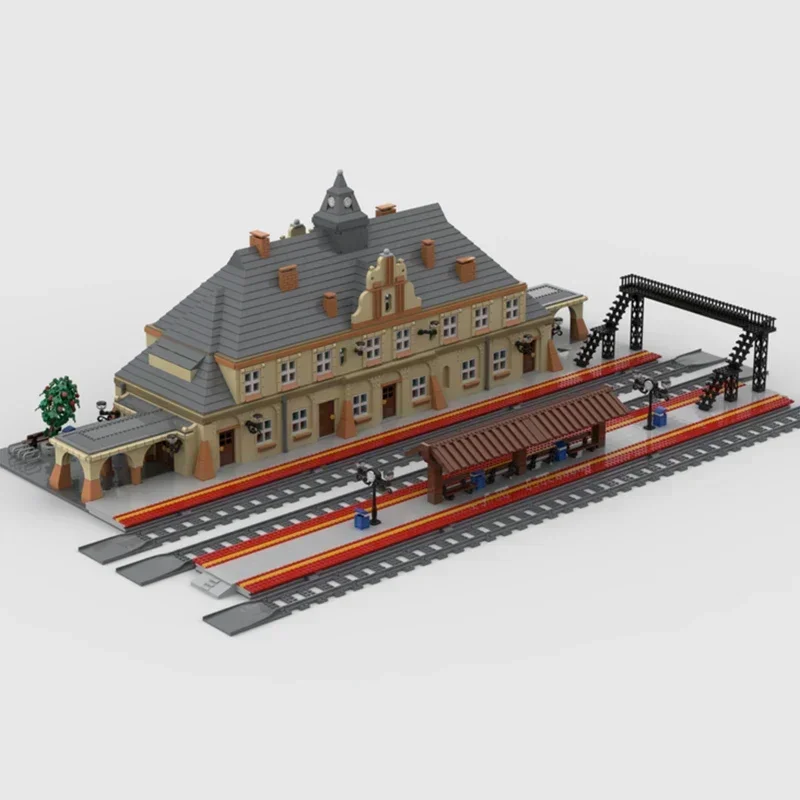 City Street View-modelo Moc, ladrillos de construcción, estación de tren neoclásica, tecnología de bloques, regalos, juguetes de Navidad, conjuntos DIY de montaje