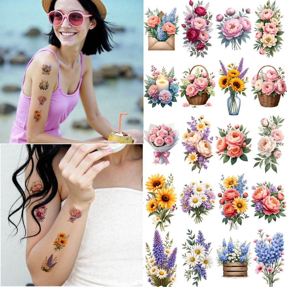 

63pcs Temporary Tattoo Floral Stickers Waterproof Long-lasting Body Stickers Bouquet Decals Illustration For Cheeks