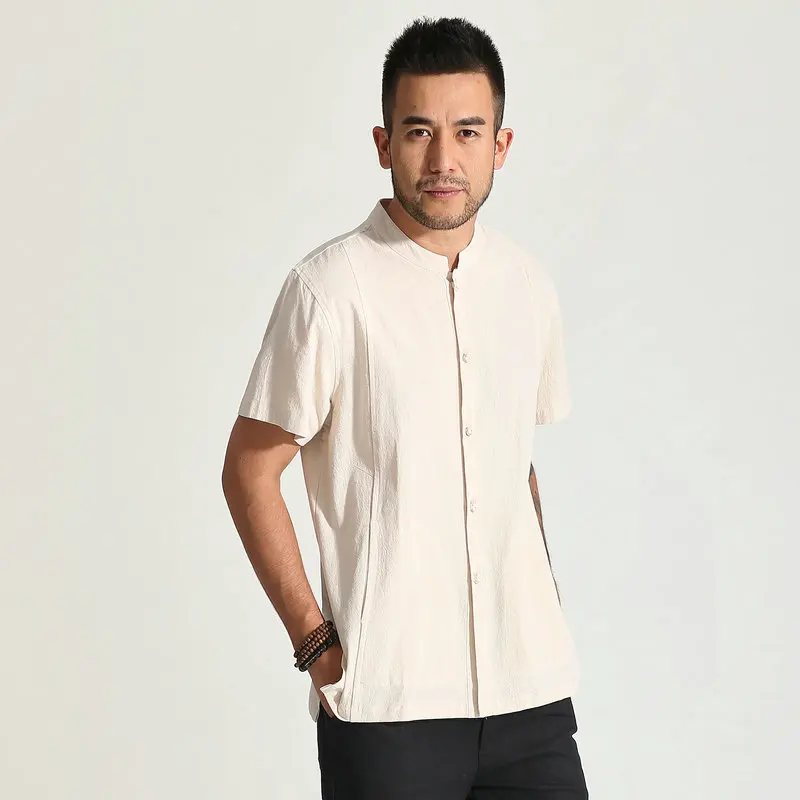 Men Cotton Shirt Beige White Black Mandarin Collar SIngle Breasted Short Sleeve Tops Male Zen Style Top Summer Spring Wear 2025