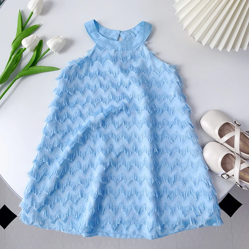 

Summer Baby Girls Dress Cute Frock Children Princess Solid Blue Skirt Puff Sleeve Ball Gown Teenage Knee-length Tutu Sweet Skirt