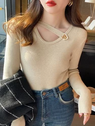 2024 Hollow-out V-neck Women's Sweater Autumn Winter Knitted Pullovers Slim Bottoming Solid Soft Knitwear Jumpers Basic Sweaters