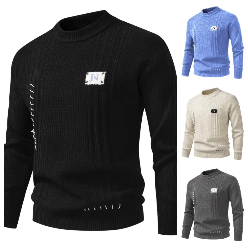 

Men's Casual Crew Neck Letter Splicing Long Sleeve Sweater Men Fashion Patchwork Autum and Winter Knitted Pullovers Sweaters