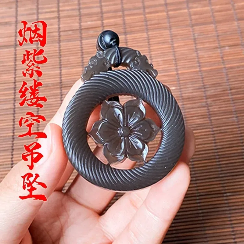 

Natural Smoke Purple Handmade Hollow Carved Floral Jade Pendant Fashion Boutique Jewelry Men's and Women's Necklaces Gifts