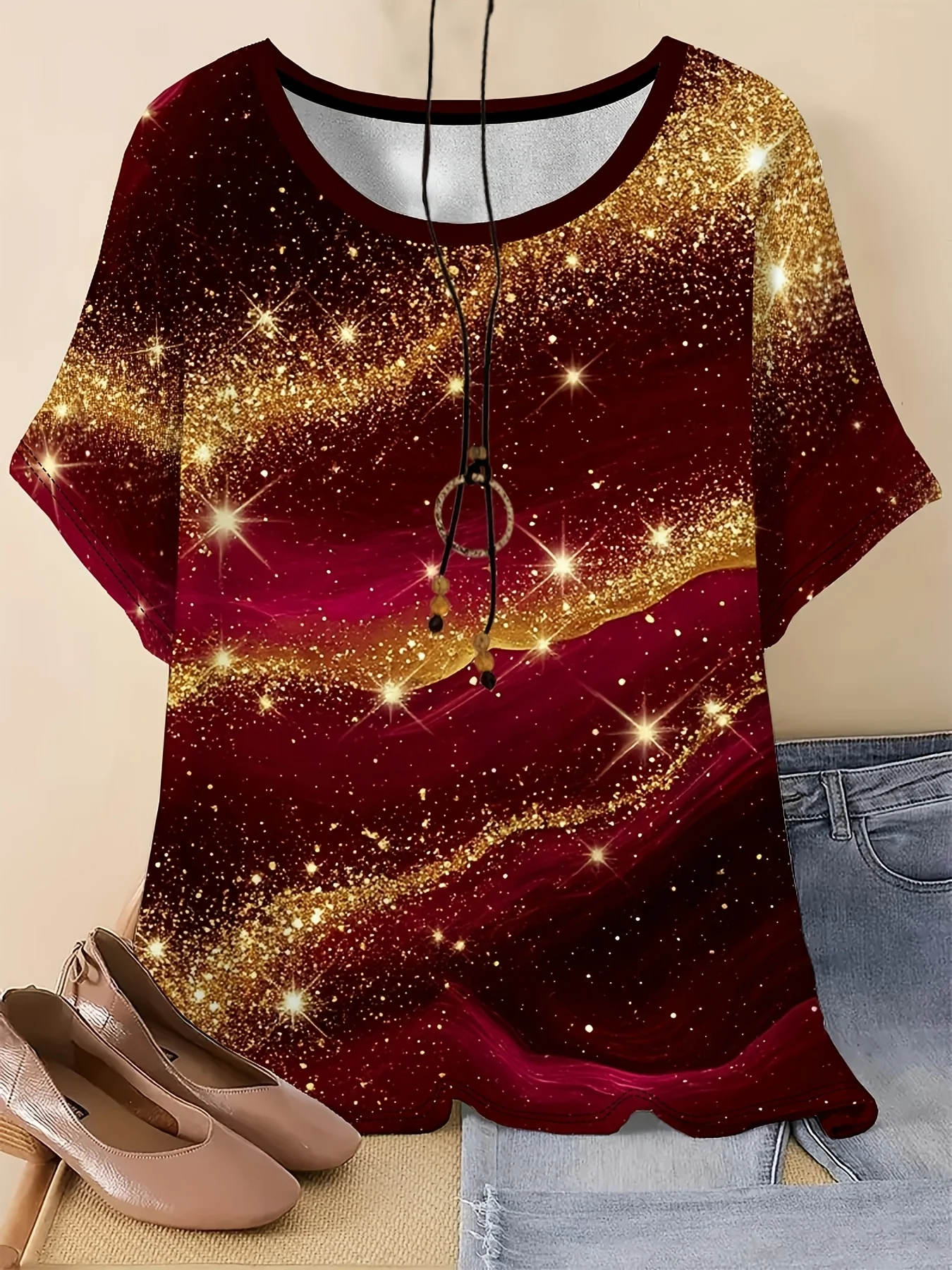 New Women T‑Shirt Glitter Marble Star Texture Print Round Neck Short Sleeve Tee Casual Daily Fashion Tops Women's Clothes