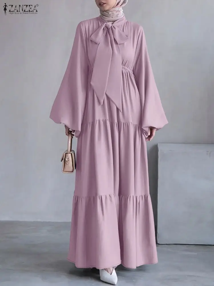 

ZANZEA Hijabs Women Elegant Party Maxi Dresses Muslim Modest Tie-Neck Lantern Sleeve Tiered Long Dress Ramadan Eid Clothes 3XL