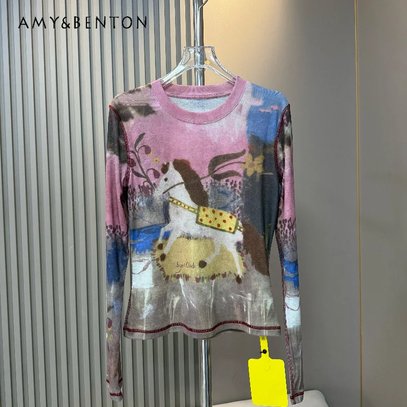 

Art Oil Painting Smudged Animal Women's Bottoming Shirt 2026 New Fashion Thin Versatile Age-reducing Long-sleeved T-shirt Ladies