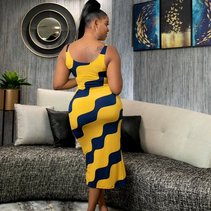 GUWU Tie Up Side Split Wave Stampa Aderente O-Collo Canotta Abito da donna Estate Sexy Party Midi Matita Abiti Abiti