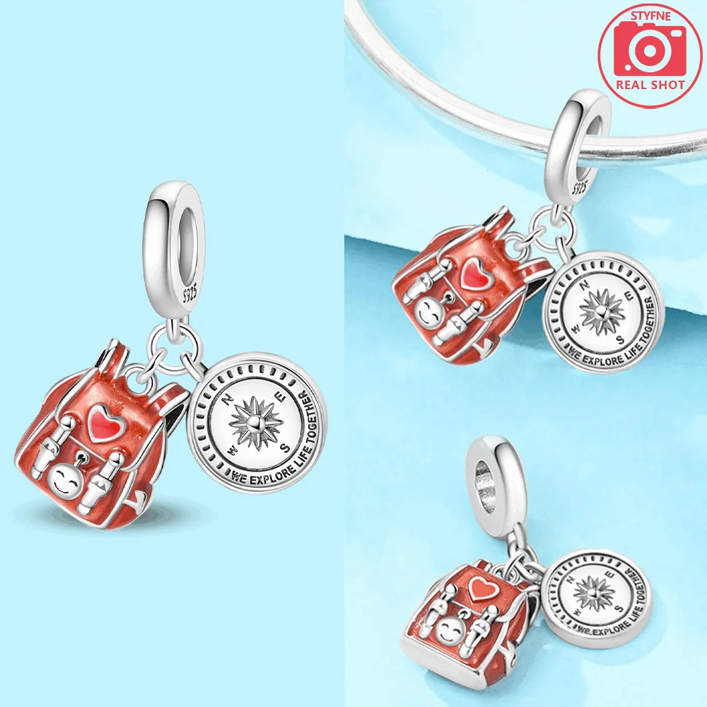 925 Sterling Silver Red Backpack Charms Beads Fit Original Bracelets Bag Keychain Earring Pendant Diy Women Jewelry Gift