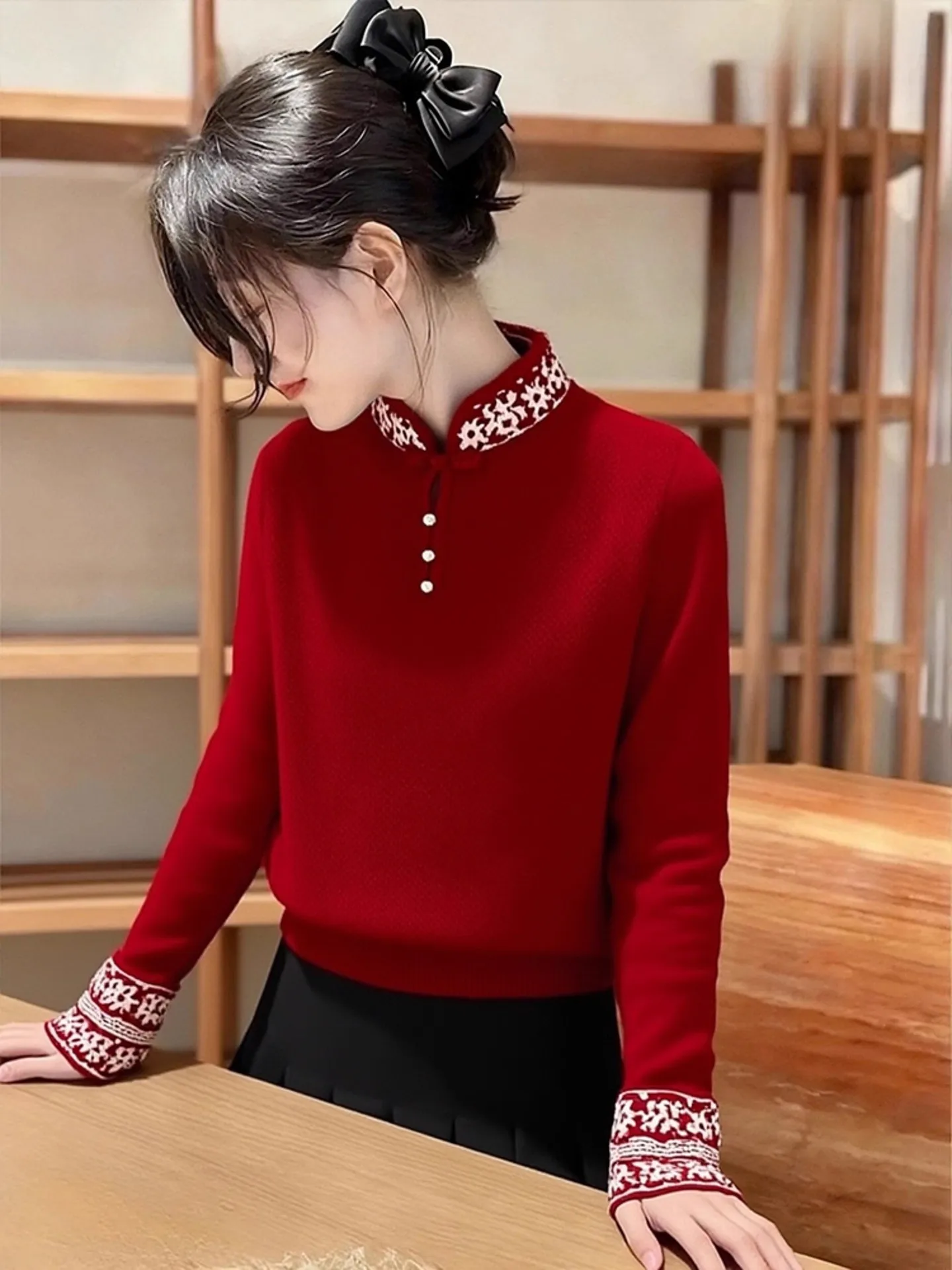 

Red Cisas Embroidered Knitwear Long Sve Women's Faionable Autumn Winter Top Chinese Sle Medium Softn Regular Fit