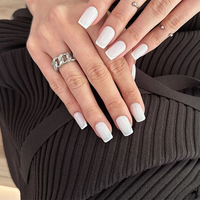 10pcs Handmade French Tip Press On Nails White Simple Style for Daily Life False Fake Nails Short Coffin Finished Fingernails