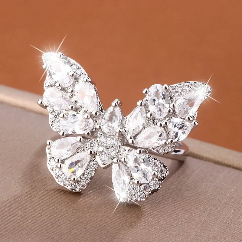 925 Silver Luxury Full Diamond Shiny AAA Zircon Butterfly Ring Elegant Women's Ring Adjusted Bow Jewelry Anniversary Gift