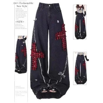 Women's Black Gothic Baggy Y2k Jeans Vintage Streetwear Cowboy Pants Harajuku Denim Trousers Aesthetic Emo Trashy 2000s Clothes
