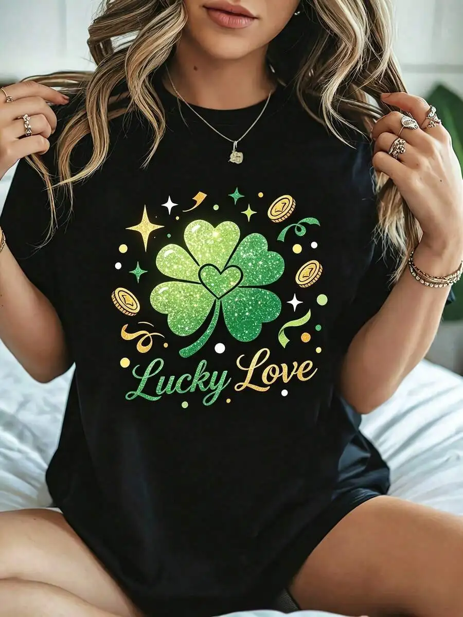 Women's Crew Neck Short Sleeve Graphic T-Shirt, Glitter Four Leaf Clover Print, St Patrick's Day, Casual Daily Wear, Gift For Her Tops For Ladies