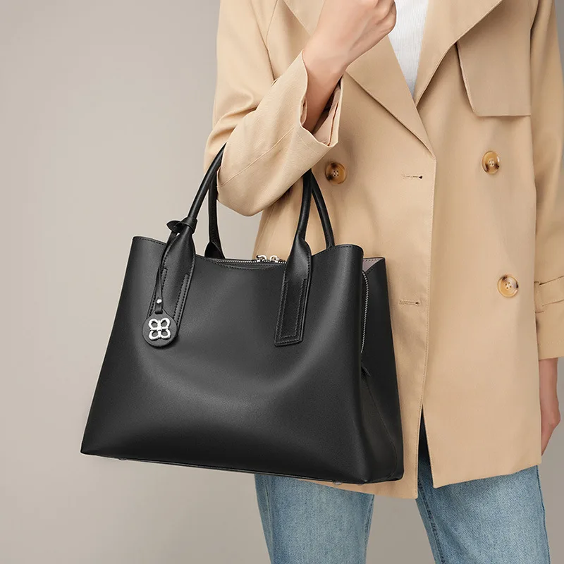 Women Black Genuine Leather Structured Tote Bag Top Handle Shoulder Handbag with Metal Charm Zipper Closure for Daily Travel