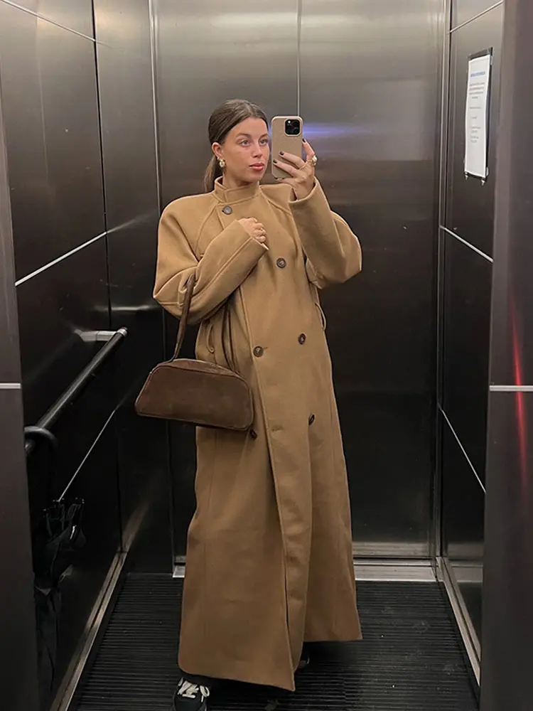 

Fashion Women's New Warm Jackets Stand Collar Lace Up Long Coat Woman Solid Color Double Breasted Long Sleeves Loose Coat Street