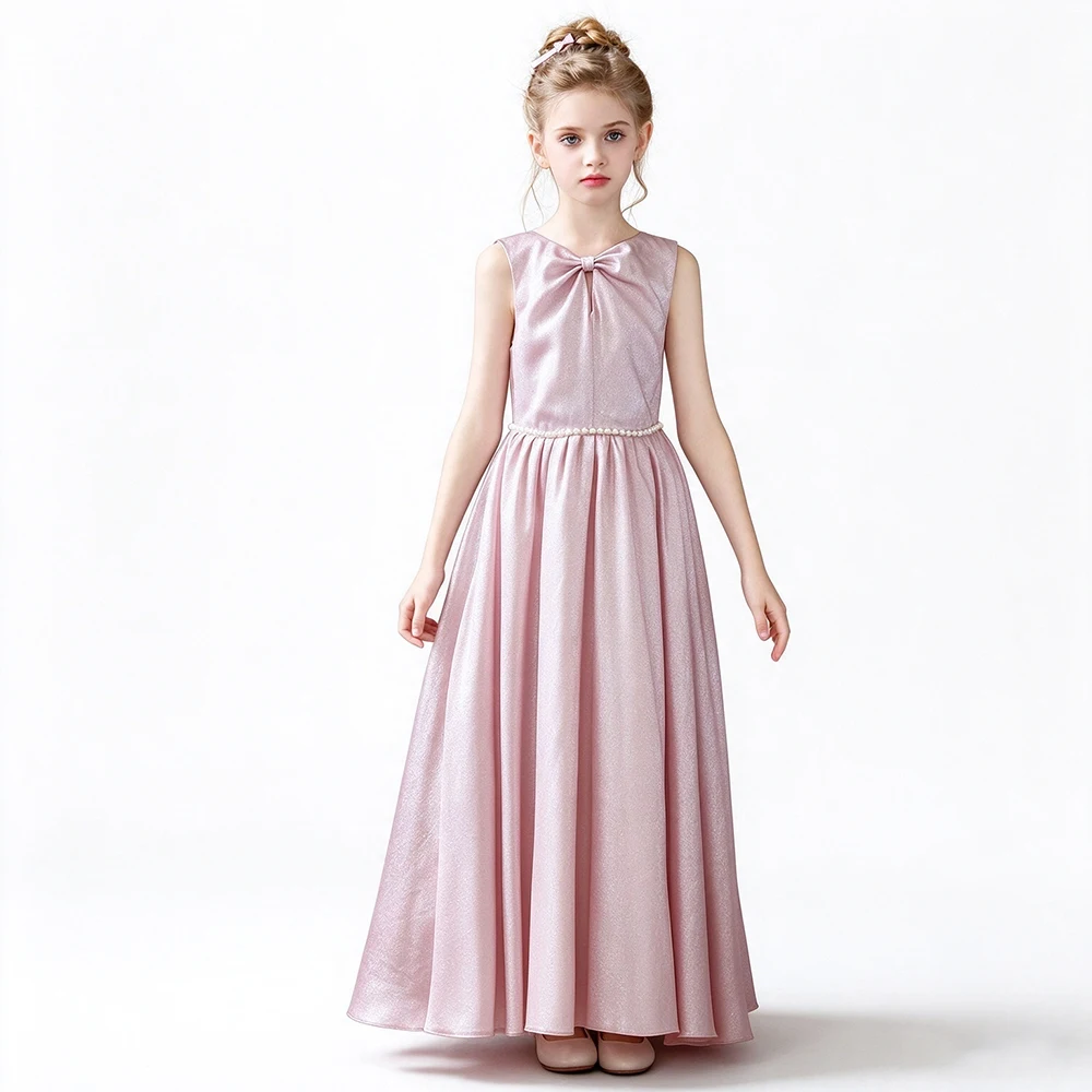 Princess Pageant Birthday Graduation Piano Performance Gown Pink Glitter Satin Dinner Evening Wedding  Party Dress For Girls