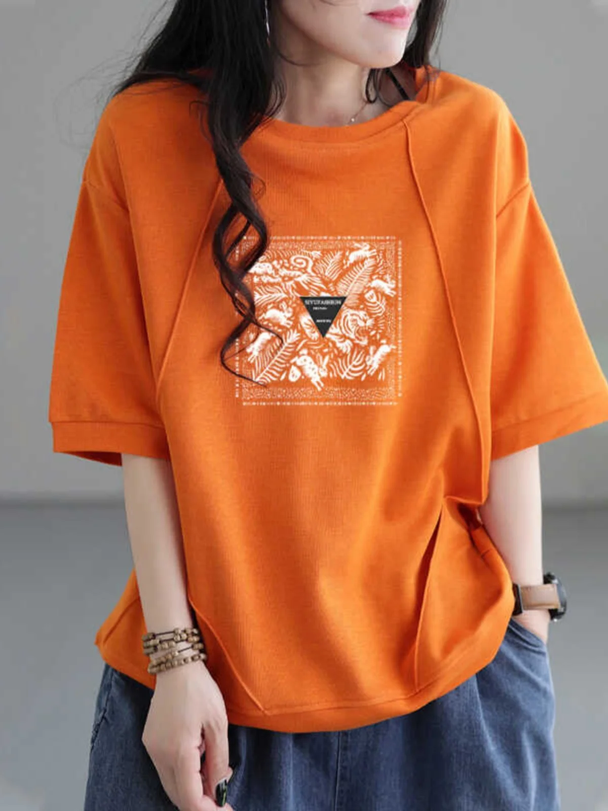 Loose Fit Cotton Short Sleeve T-Shirt Women's Summer Base Shirt Top Vintage Artistic plus Size Slimming Bottoming Tee