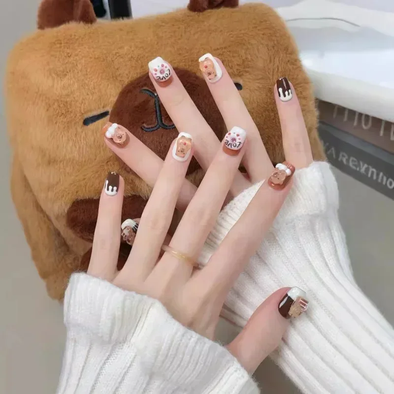 10Pcs Short Brown Handmade Press-On Nails Cute Cartoon Bear Nail Tips with Sweet Donut Design for Women&Girls Fall-Winter Wear