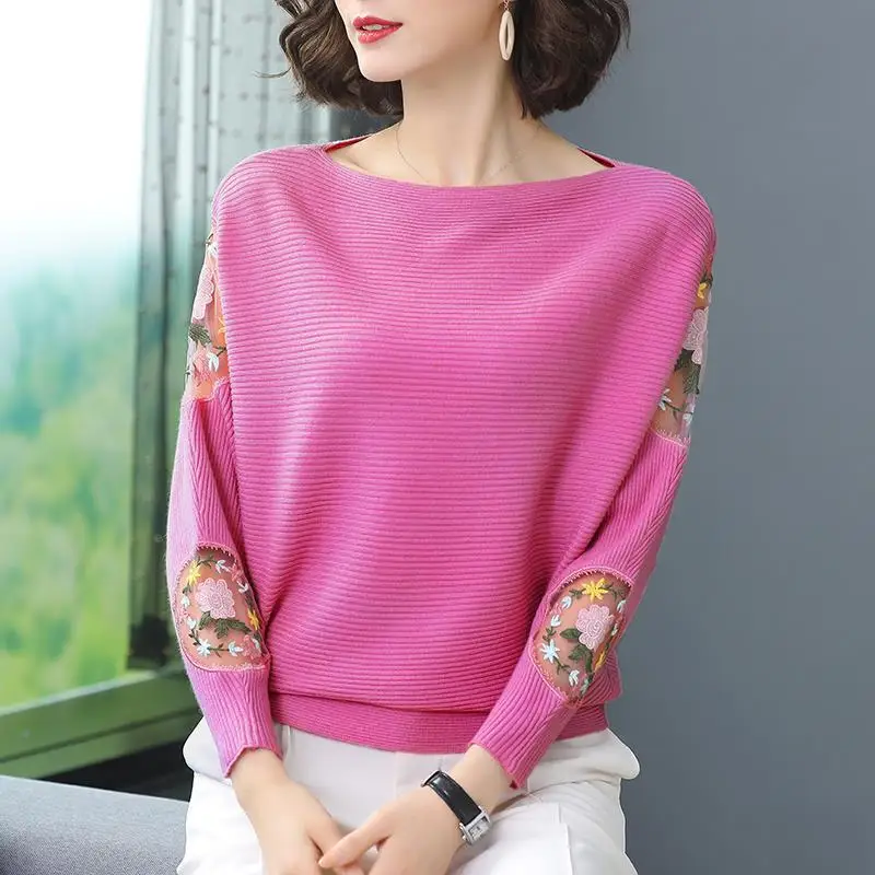 Female Fashion Embroidery Mesh Spliced Sweaters 2023 Autumn Winter Solid Color Batwing Sleeve Knitted Pullovers Women\'s Clothing