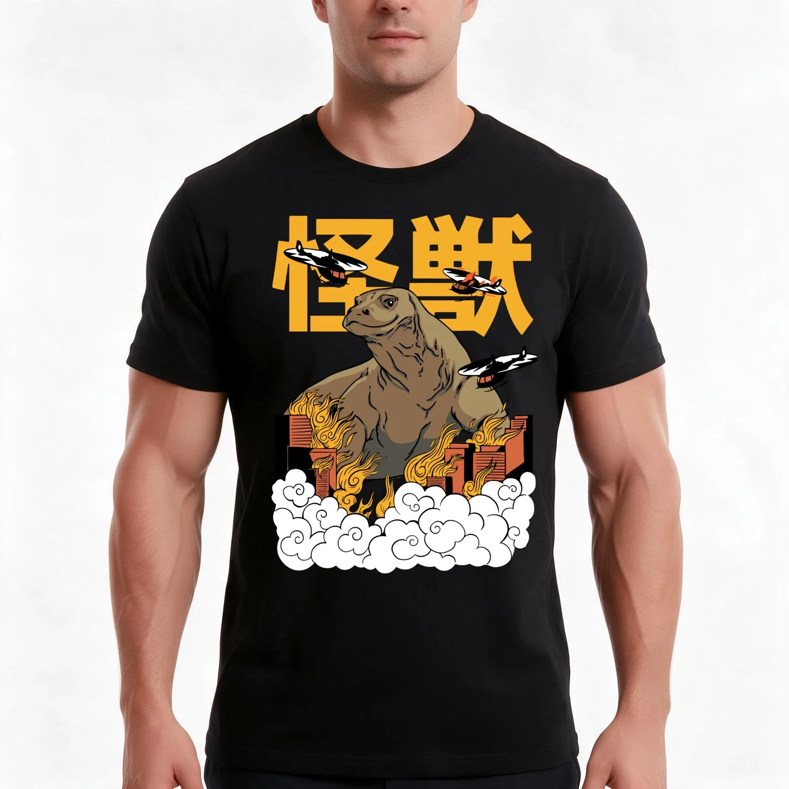 Funny Giant Komodo Dragon Japanese Style T-Shirt, Summer Casual Cotton Tee, Oversized Streetwear Tops, Vintage Graphic Print
