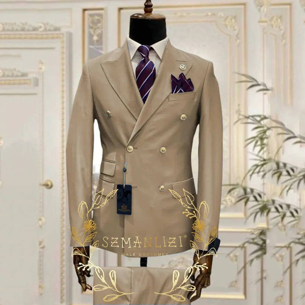 Slim Fit Male Suits 2 Pieces Peak Lapel Double Breasted Wedding Tuxedos Groom Business Wear Best Man (Blazer+Vest) Costume Homme