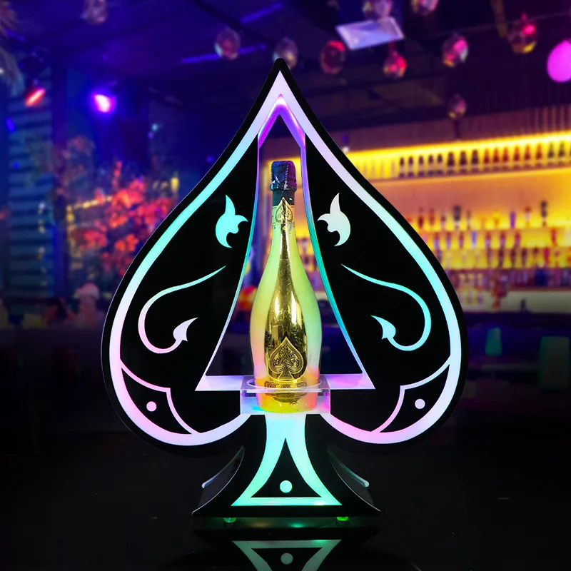 Acrylic Light Up Wine Seat, Black Spade Pattern Liquor Base, Nightclub VIP Display Stand,Premium Glowing Bottle Prop for Bar KTV