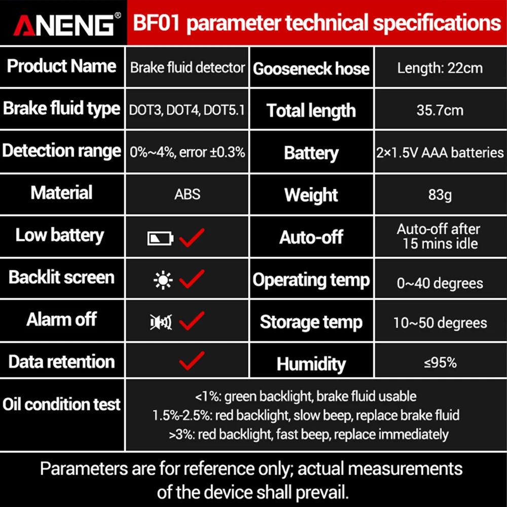 BF01 BF02 Brake Fluid Tester Pen Digital Backlit Screen Sound Light Alarm DOT3 DOT4 DOT5.1 Detection Automotive Diagnostic Tool