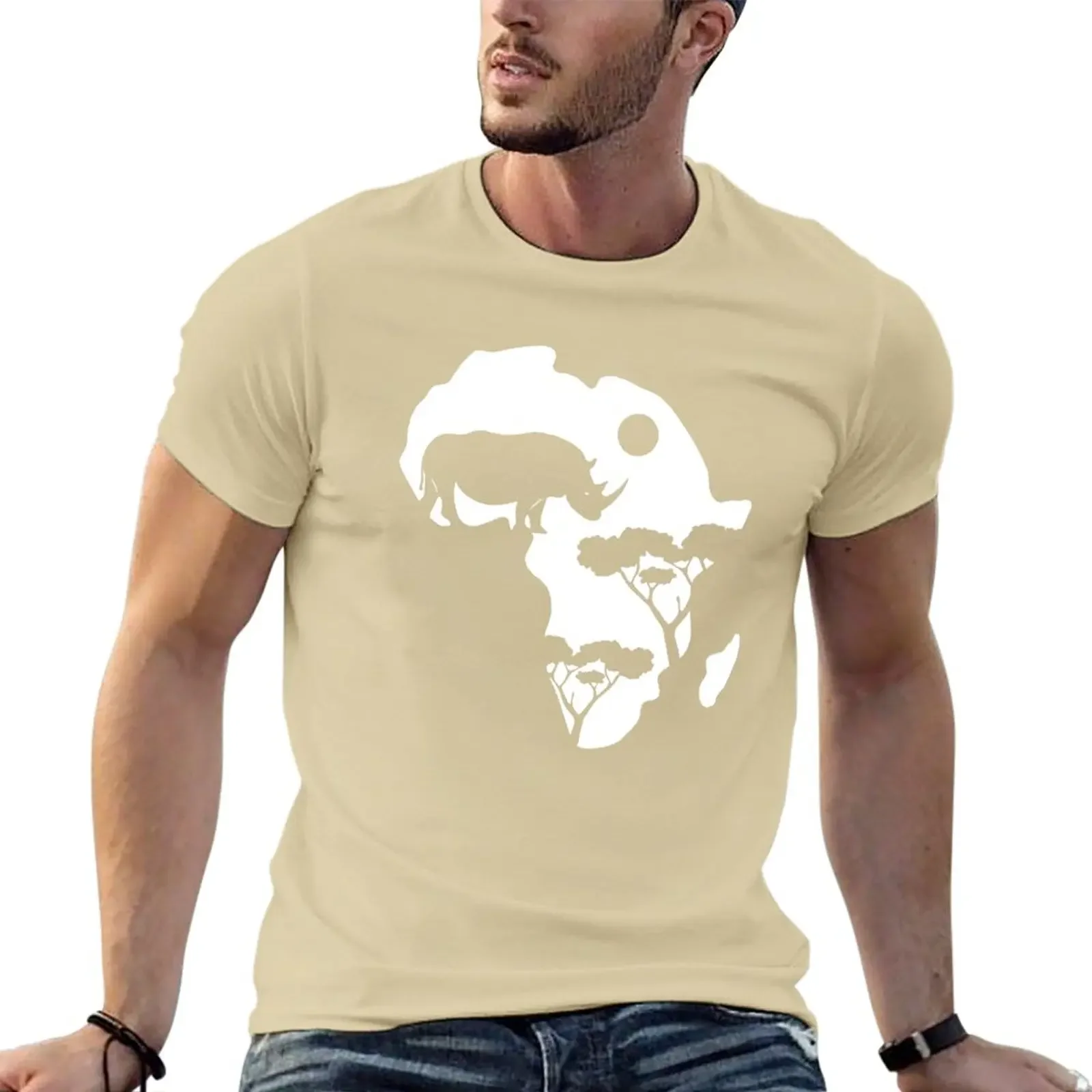 Anime t-shirt tops black t shirts fitted t shirts for men New AFRICA MAP RHINO T-Shirt Round Collar harajuku Crewneck Sweatshir